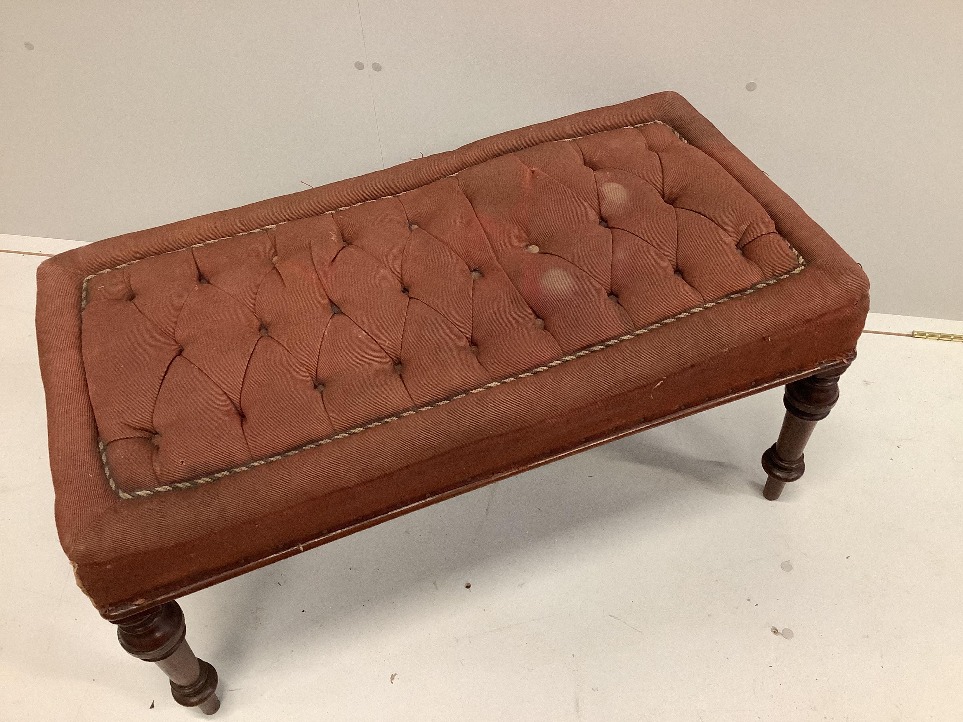 A late Victorian upholstered walnut window seat, width 94cm, depth 46cm, height 46cm